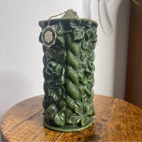 Vintage Large Green Carved German Bavarian Wax Pilar Candle 70s Vibes - Picture 2 of 14